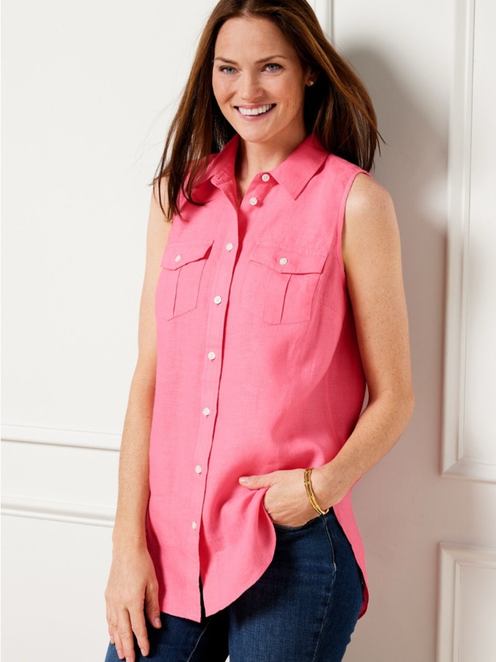 Talbots Button-Front SLEEVELESS LINEN BOYFRIEND SHIRT size XS